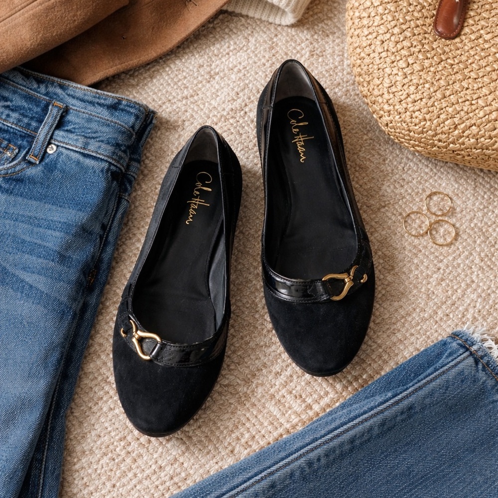 Cole Haan black suede flats with gold horsebit detail